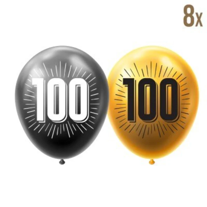 Ballonnen 100 Zwart/Goud 8 stuks