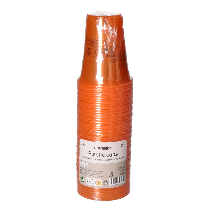 Bekers plastic oranje 200ml 50 stuks