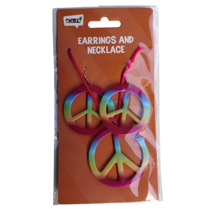 Hippie oorbellen en ketting peace