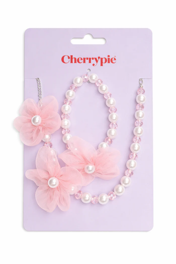 Ketting & armband set bloem roze/wit #655