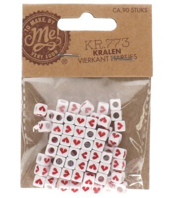 Kralen hart vierkant wit/rood ca. 90 stuks