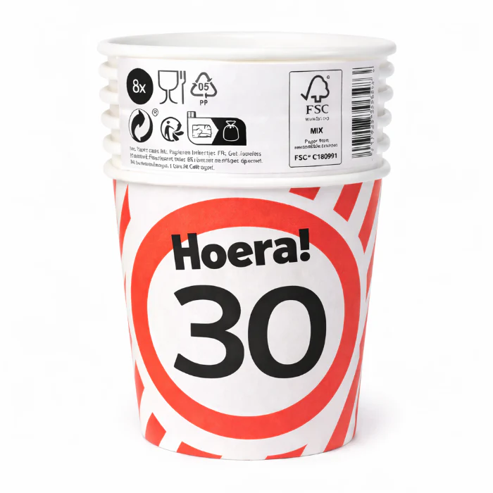 Papieren bekers 30 jaar verkeersbord 250ml 8St
