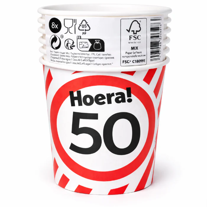 Papieren bekers 50 jaar verkeersbord 250ml 8St