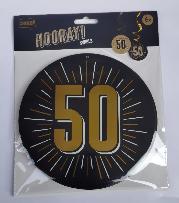 Swirls hangdecoratie 50 jaar zwart/goud 6st