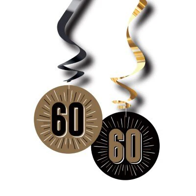 Swirls hangdecoratie 60 jaar zwart/goud 6 stuks