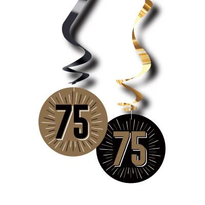 Swirls hangdecoratie 75 jaar zwart/goud 6 stuks