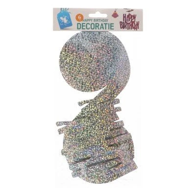 Swirls hangdecoratie Happy birthday zilver 6 stuks