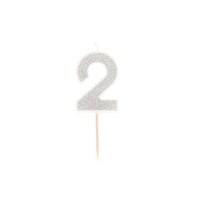 Taartkaarsje cijfer 2 glitter zilver