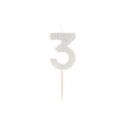 Taartkaarsje cijfer 3 glitter zilver