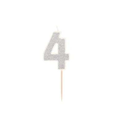 Taartkaarsje cijfer 4 glitter zilver