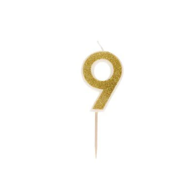 Taartkaarsje cijfer 9 glitter goud