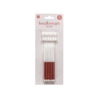 Taartkaarsjes glitter wit/roségoud 12 stuks