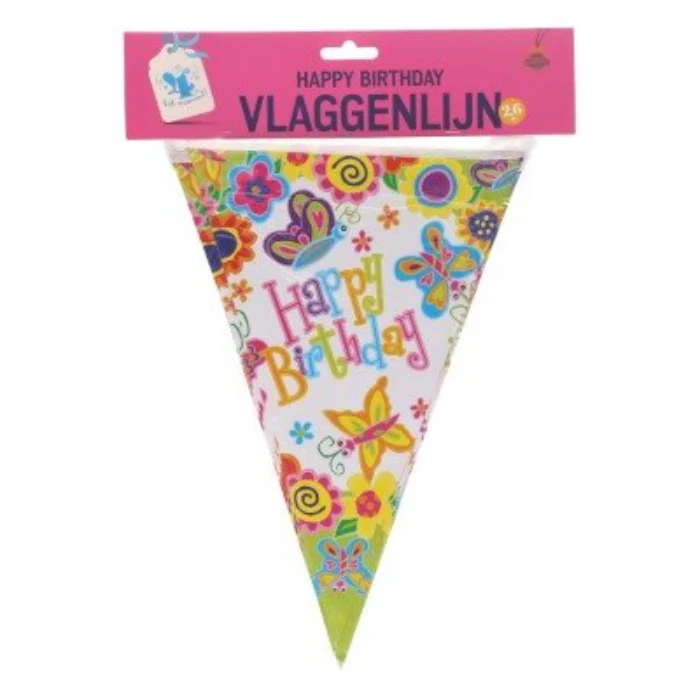 Vlaggenlijn Happy Birthday bloemen meerkleurig 2,6m