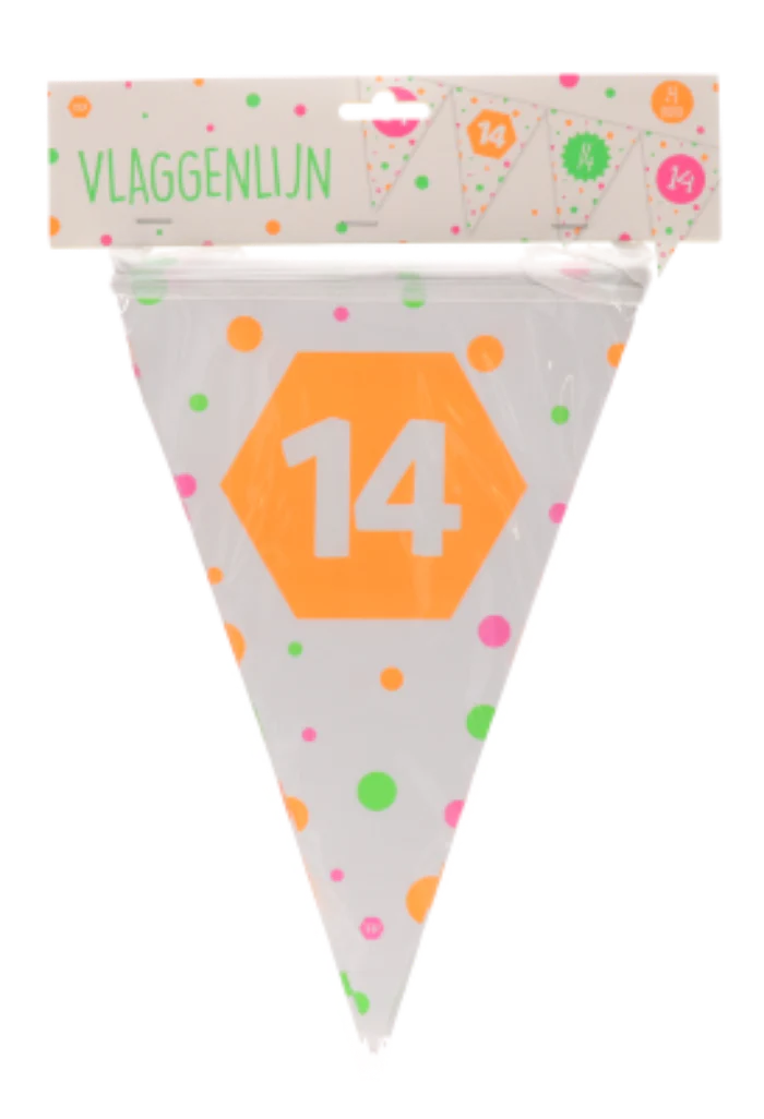 Vlaggenlijn Hiep hiep 14 jaar meerkleurig 15 vlaggen 4m