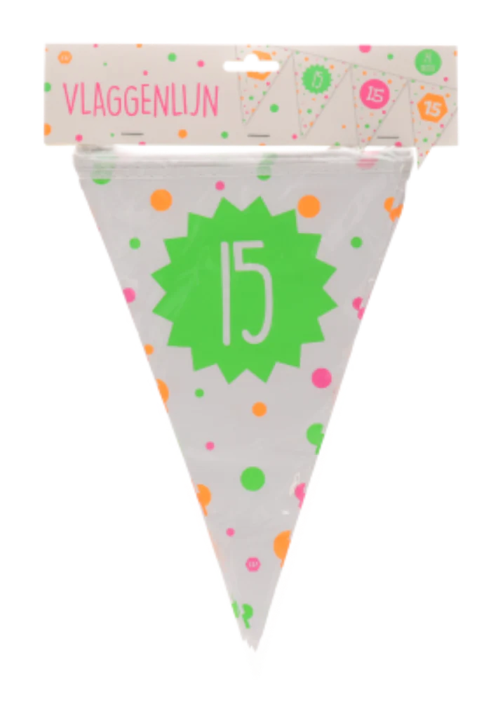 Vlaggenlijn Hiep hiep 15 jaar meerkleurig 15 vlaggen 4m